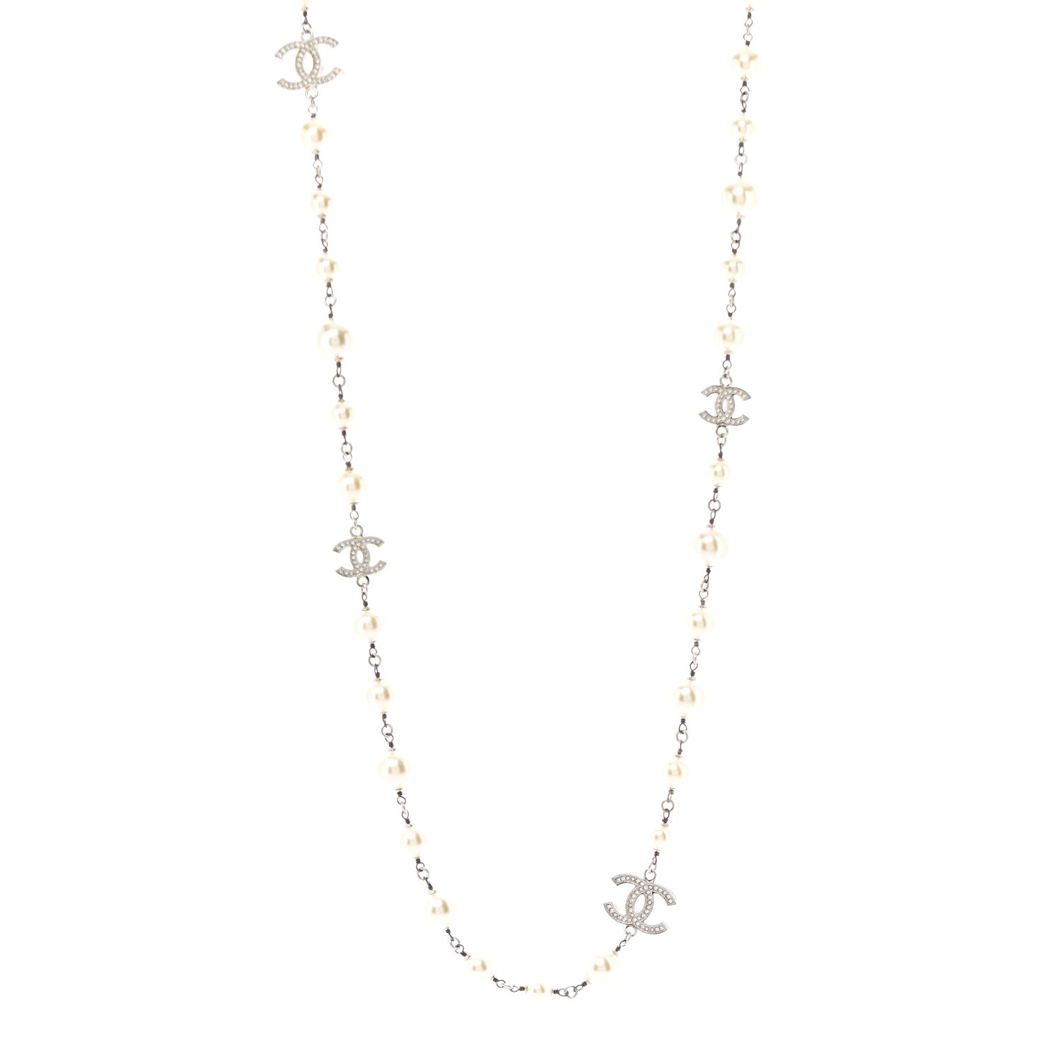 Chanel Crystal Pearl CC Long Necklace Silver 1 of 7
