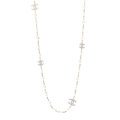 Chanel Crystal Pearl CC Long Necklace Silver 1 of 7