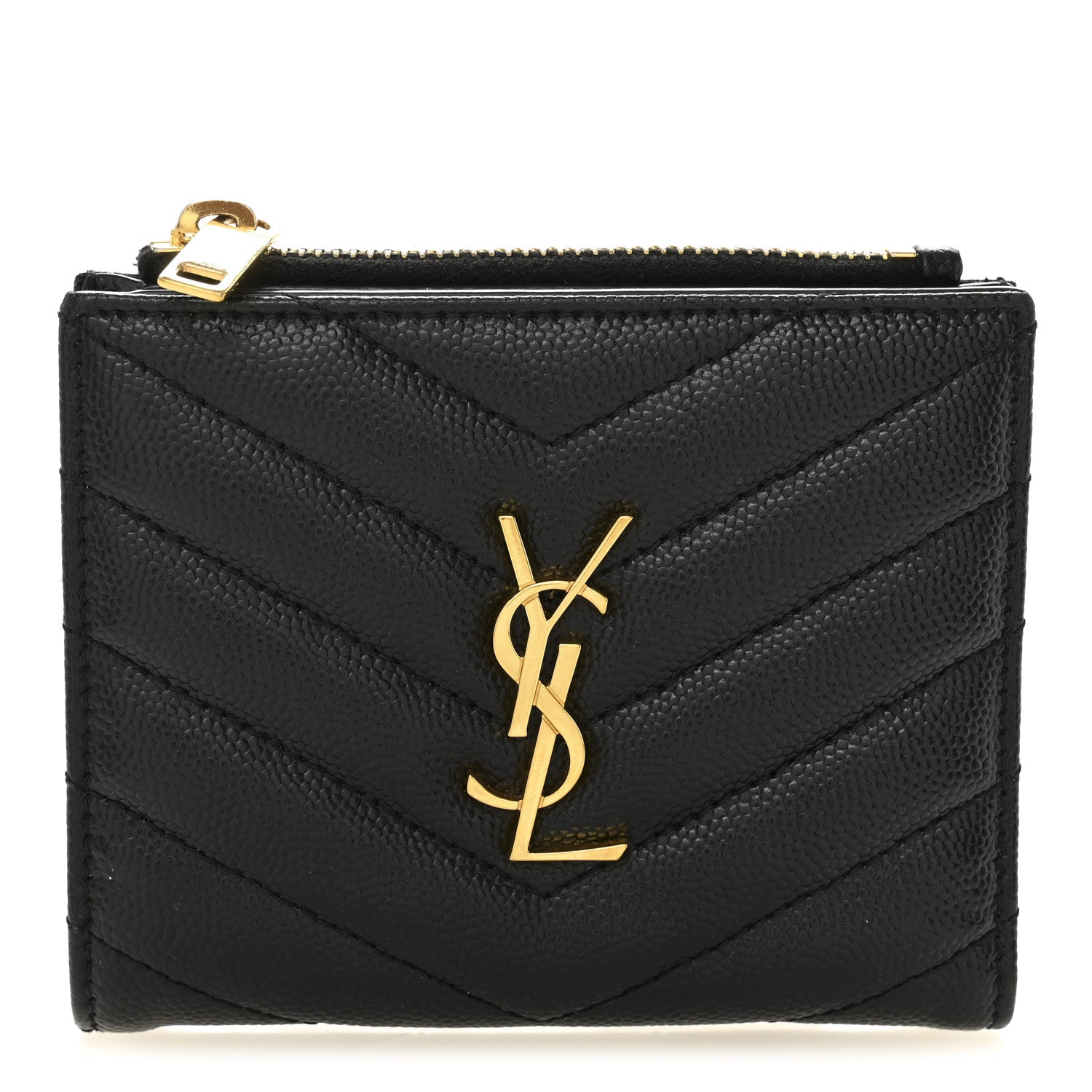 Saint Laurent Grain De Poudre Matelasse Chevron Monogram Zipped Card Case Black 1 of 8