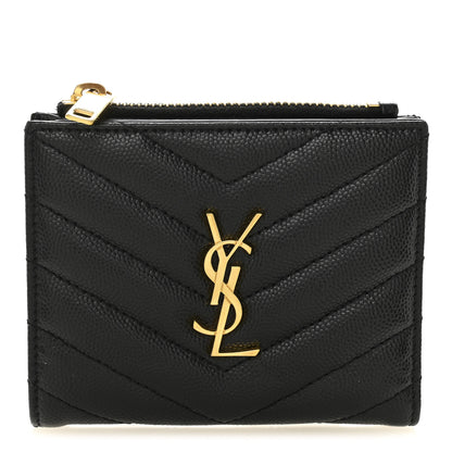 Saint Laurent Grain De Poudre Matelasse Chevron Monogram Zipped Card Case Black 1 of 8