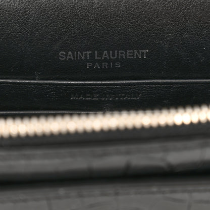 Saint Laurent Calfskin Crocodile Embossed Monogram Sunset Top Handle Chain Wallet Black 7 of 12