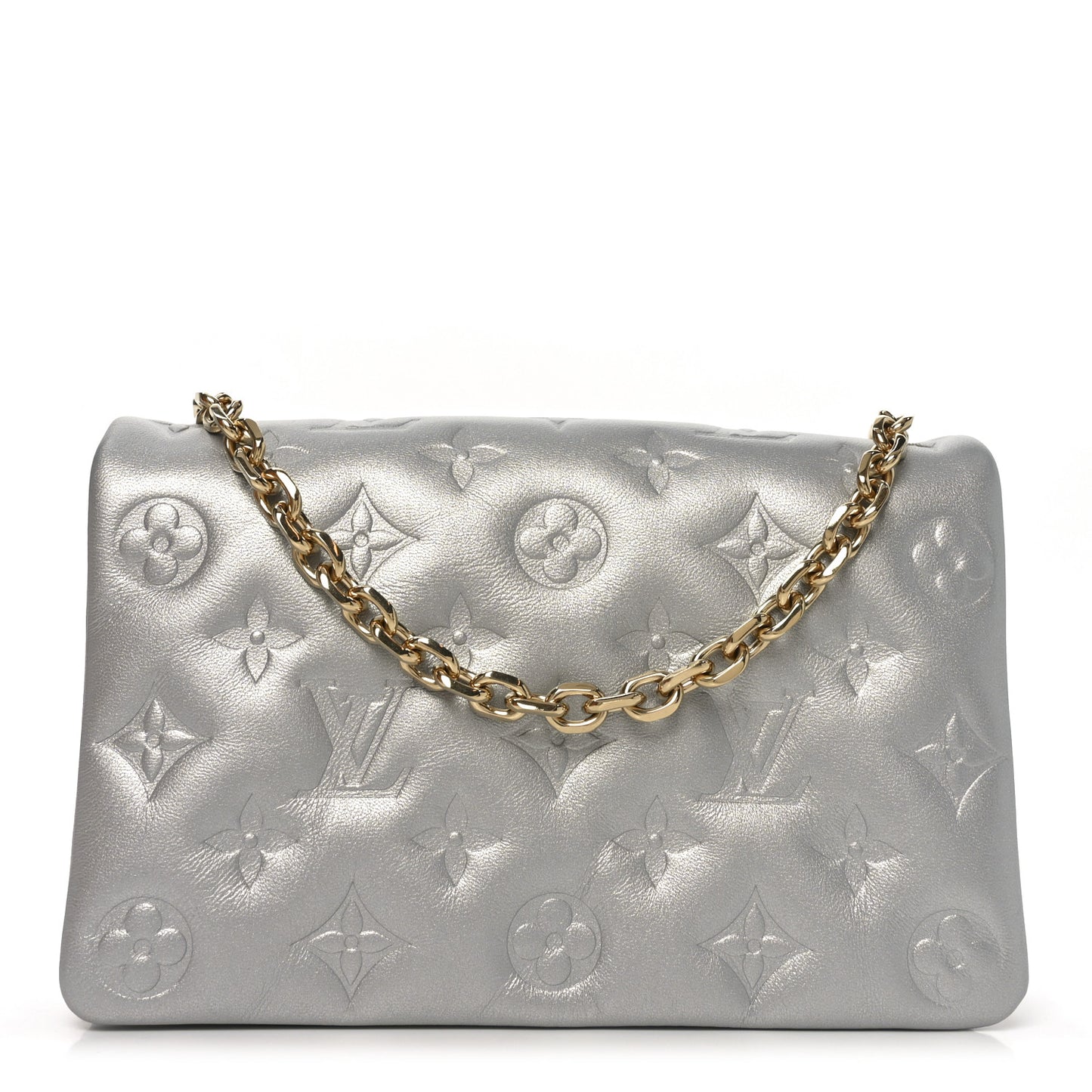 Metallic Lambskin Embossed Monogram Pochette Coussin Silver