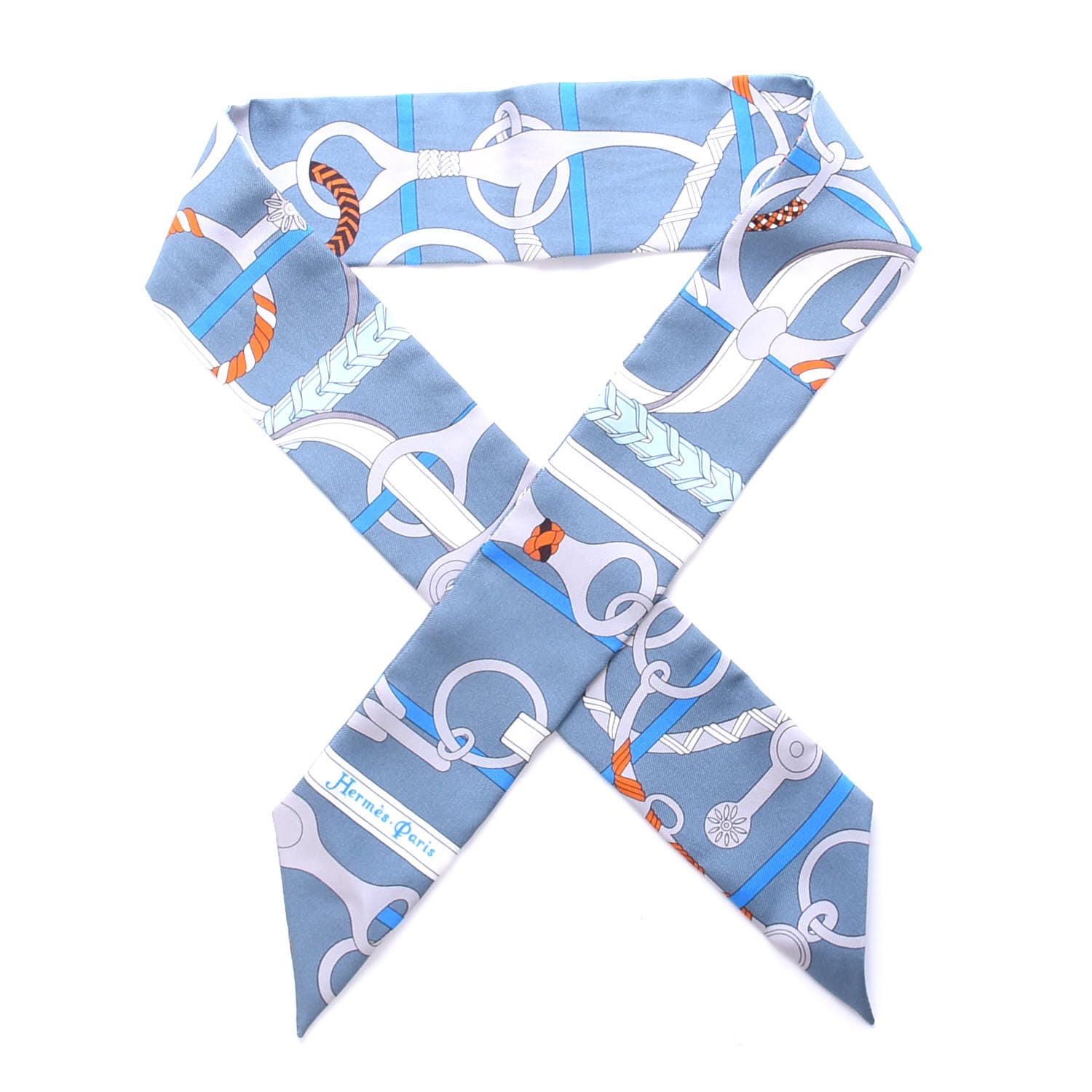 Hermes Silk Panoplie Equestre Twilly Gris Ciel Orange 1 of 3