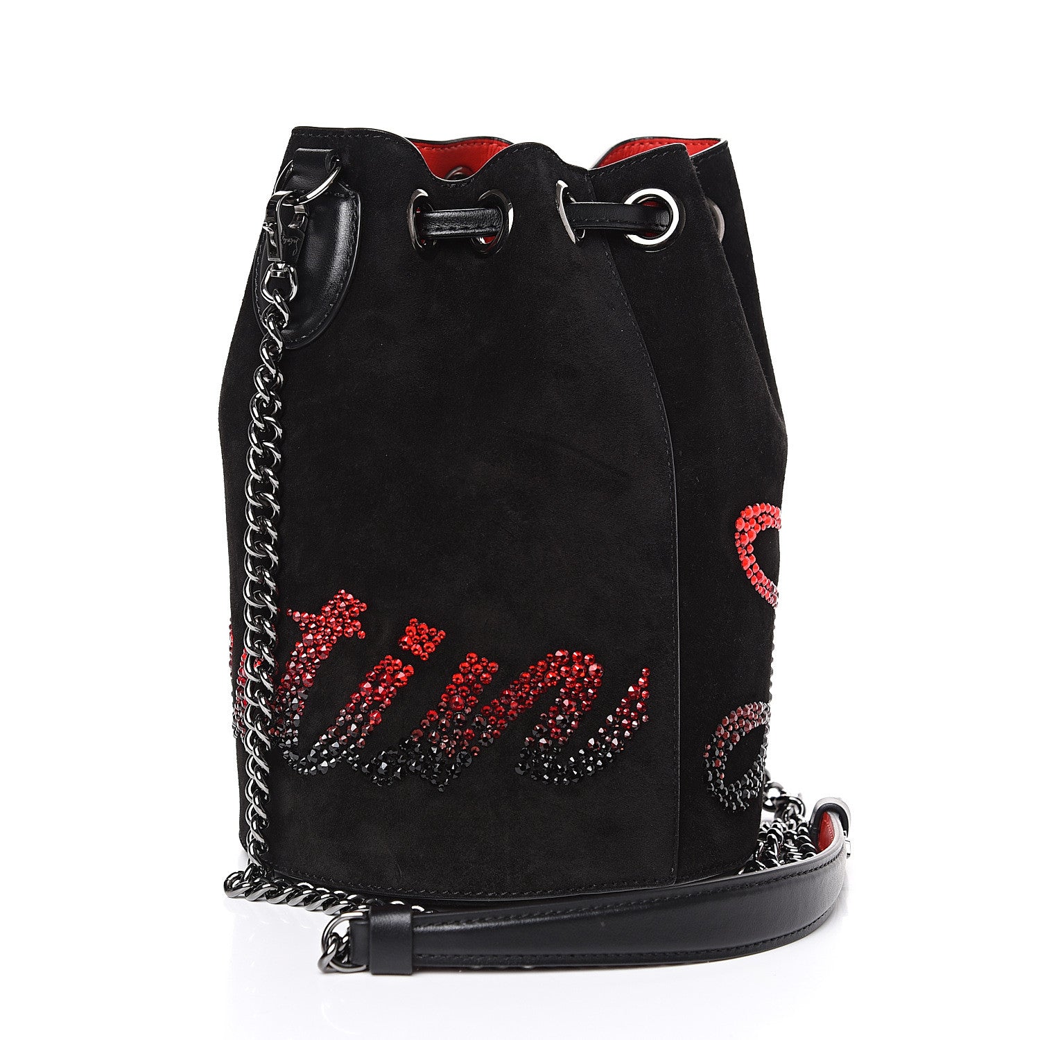 Christian Louboutin Suede Crystal Marie Jane Bucket Black Red 2 of 8