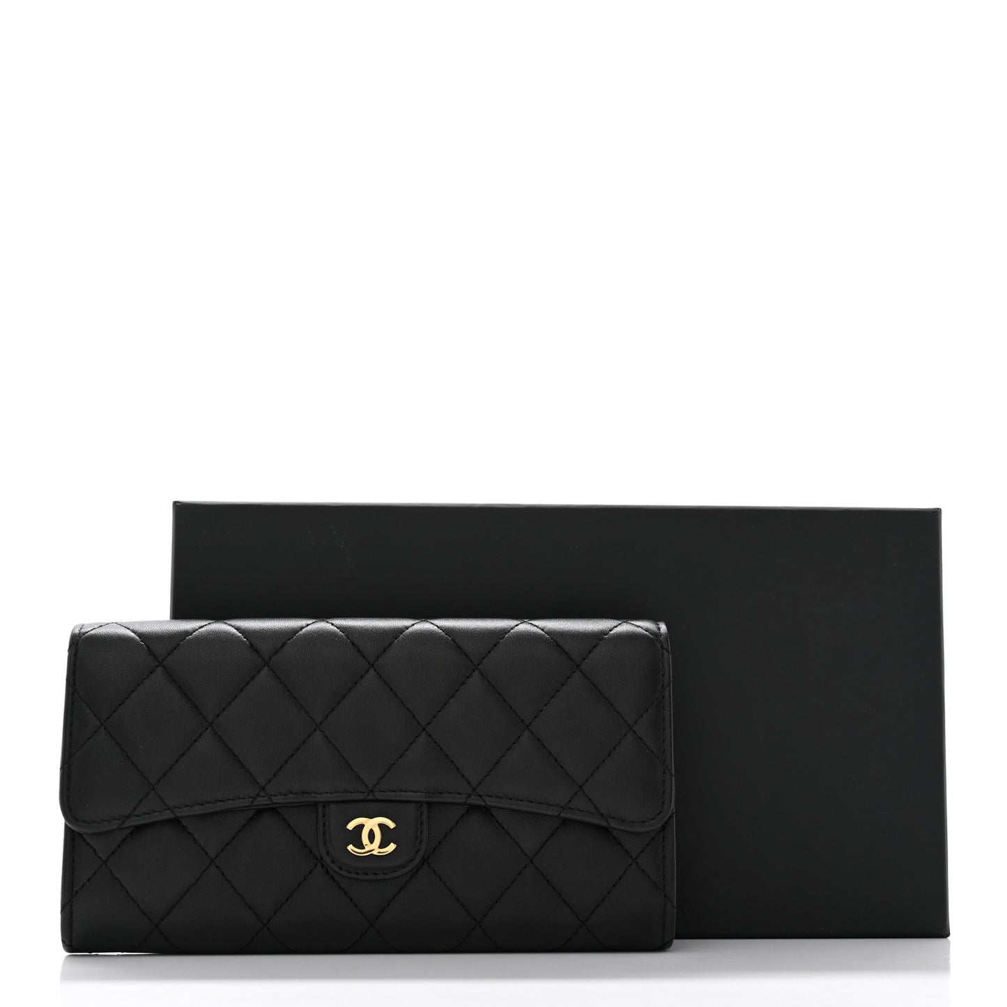 Lambskin Quilted Large Gusset Flap Wallet Black