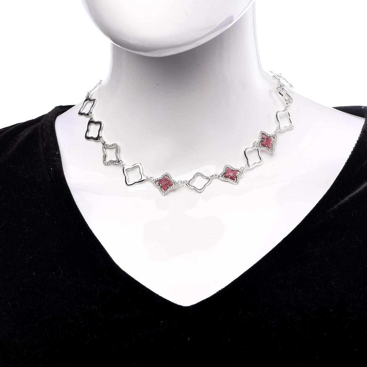 Sterling Silver Diamond Pink Tourmaline Quatrefoil Station Necklace