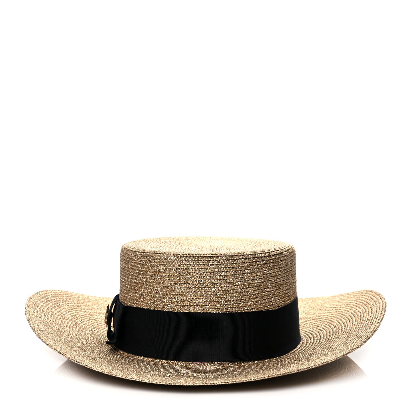Glittered Straw Grosgrain Wide Brim Hat M Gold Black