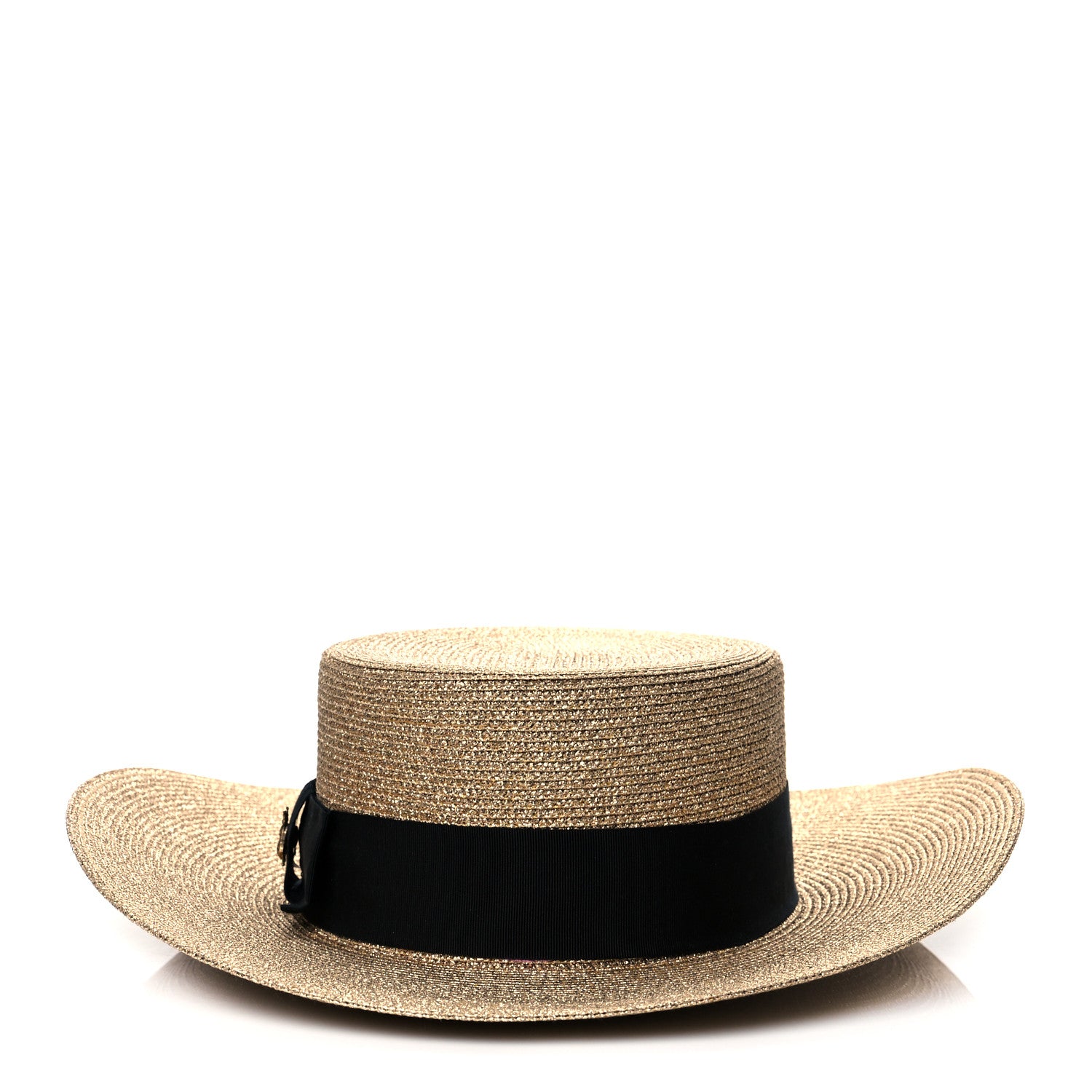 Gucci Glittered Straw Grosgrain Wide Brim Hat M Gold Black 2 of 8