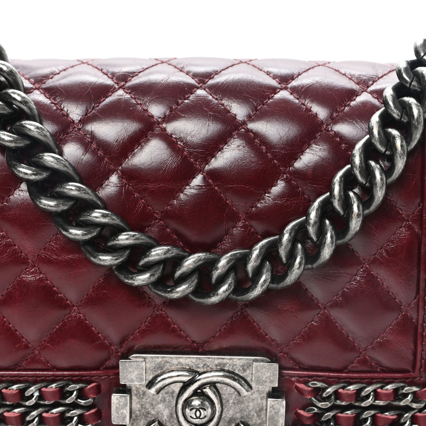 Glazed Calfskin Quilted Small Boy Chained Flap Burgundy