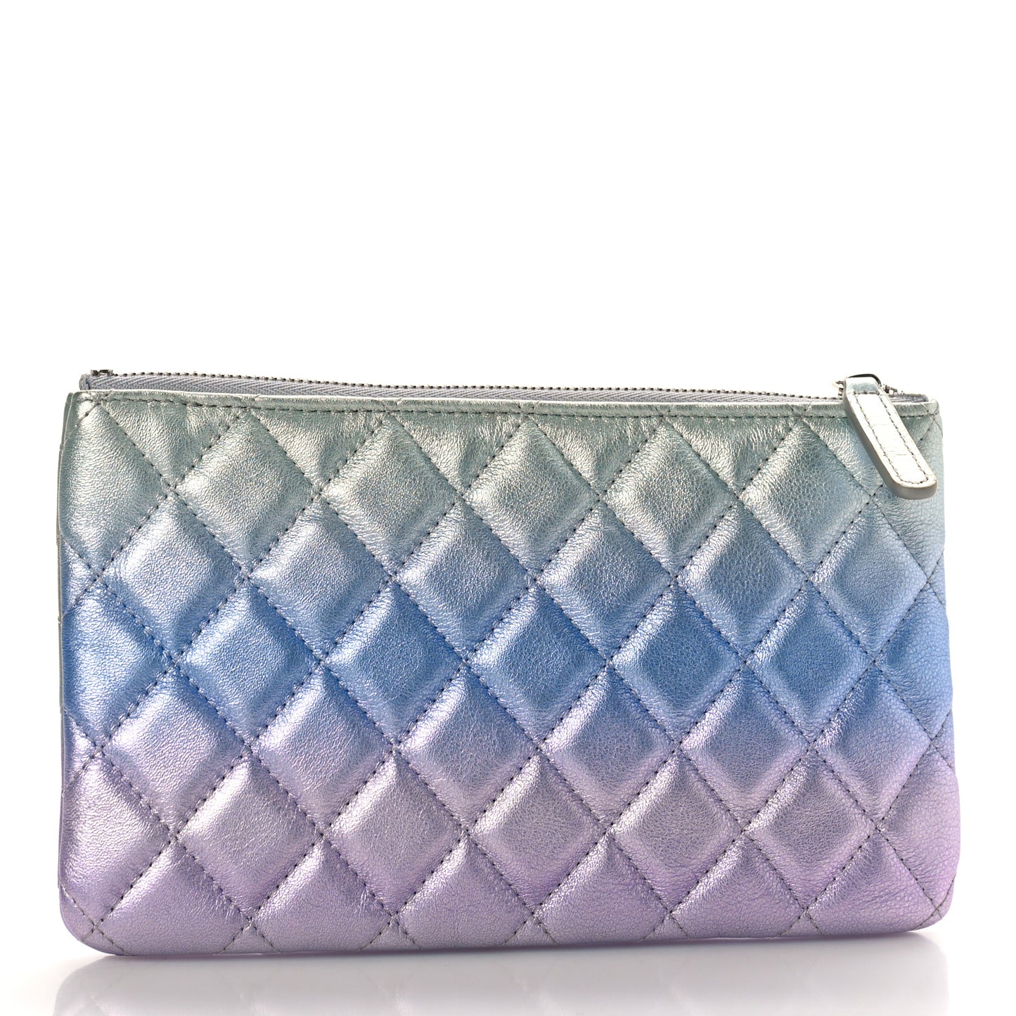 Gradient Metallic Calfskin Quilted Cosmetic Case Silver Blue Yellow Purple