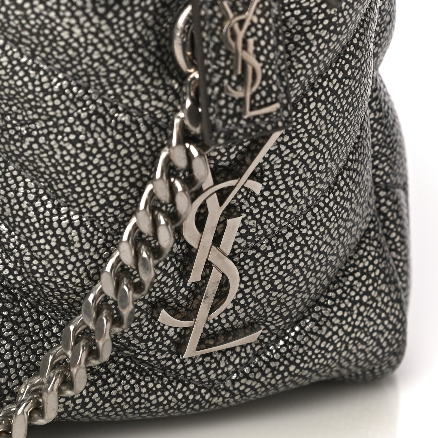 Saint Laurent Metallic Grain De Poudre Y Quilted Monogram Small Loulou Bowling Bag Gun Metal 10 of 16