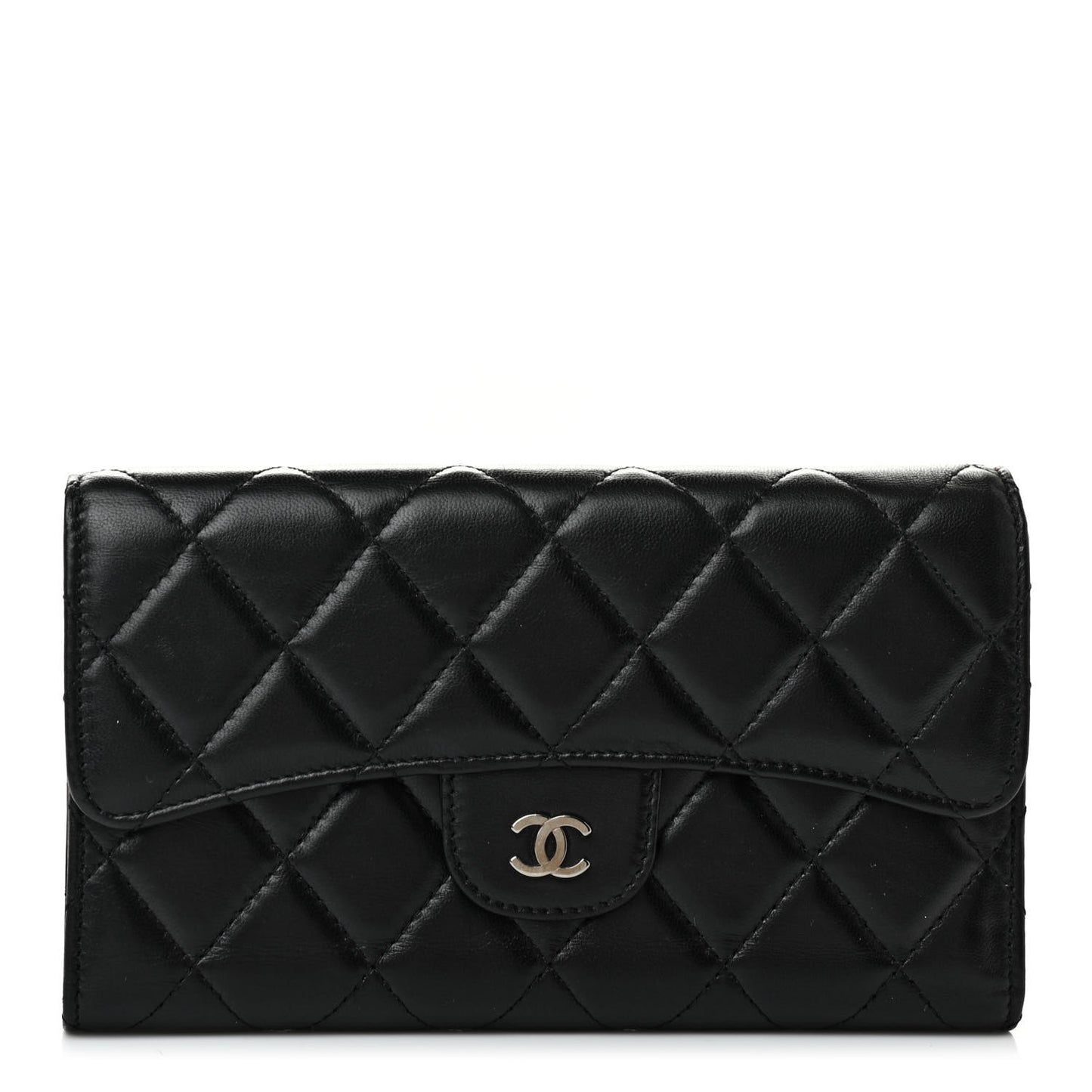 Lambskin Quilted Large Gusset Flap Wallet Black