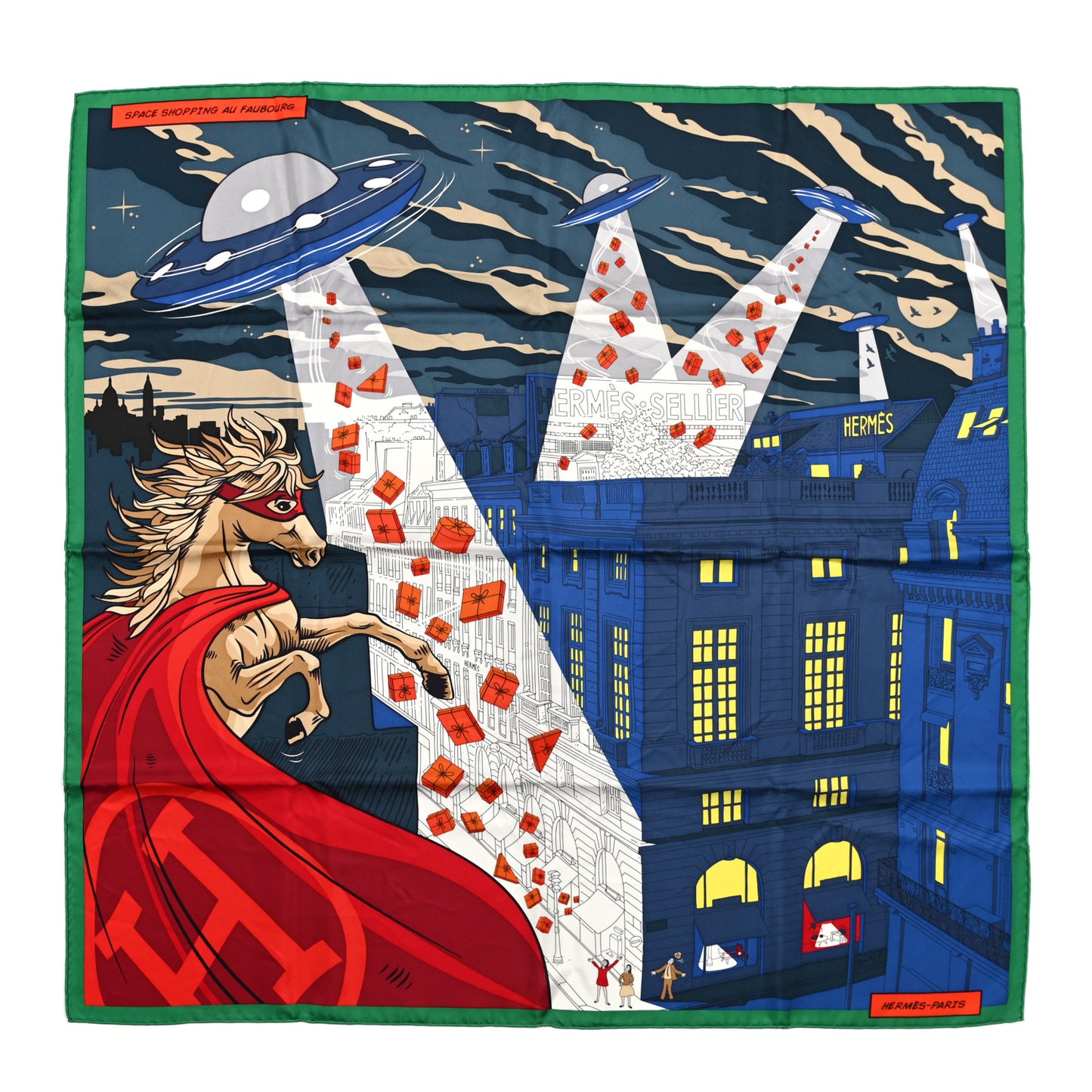 Silk Space Shopping Au Faubourg Scarf 90 Bleu Vert Rouge