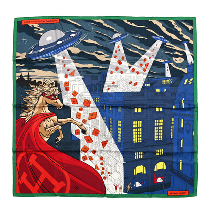 Hermes Silk Space Shopping Au Faubourg Scarf 90 Bleu Vert Rouge 1 of 6