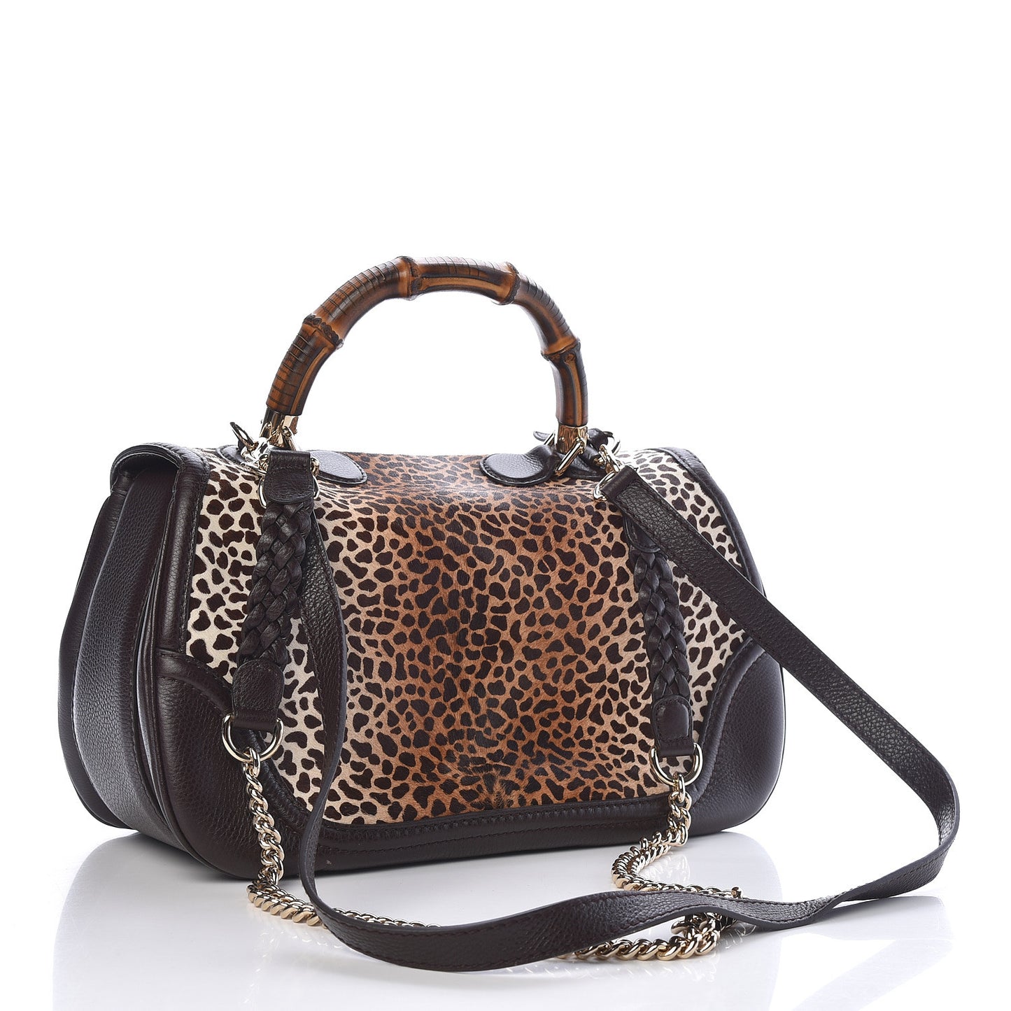 Pony Hair Jaguar Print Large New Bamboo Top Handle Bag