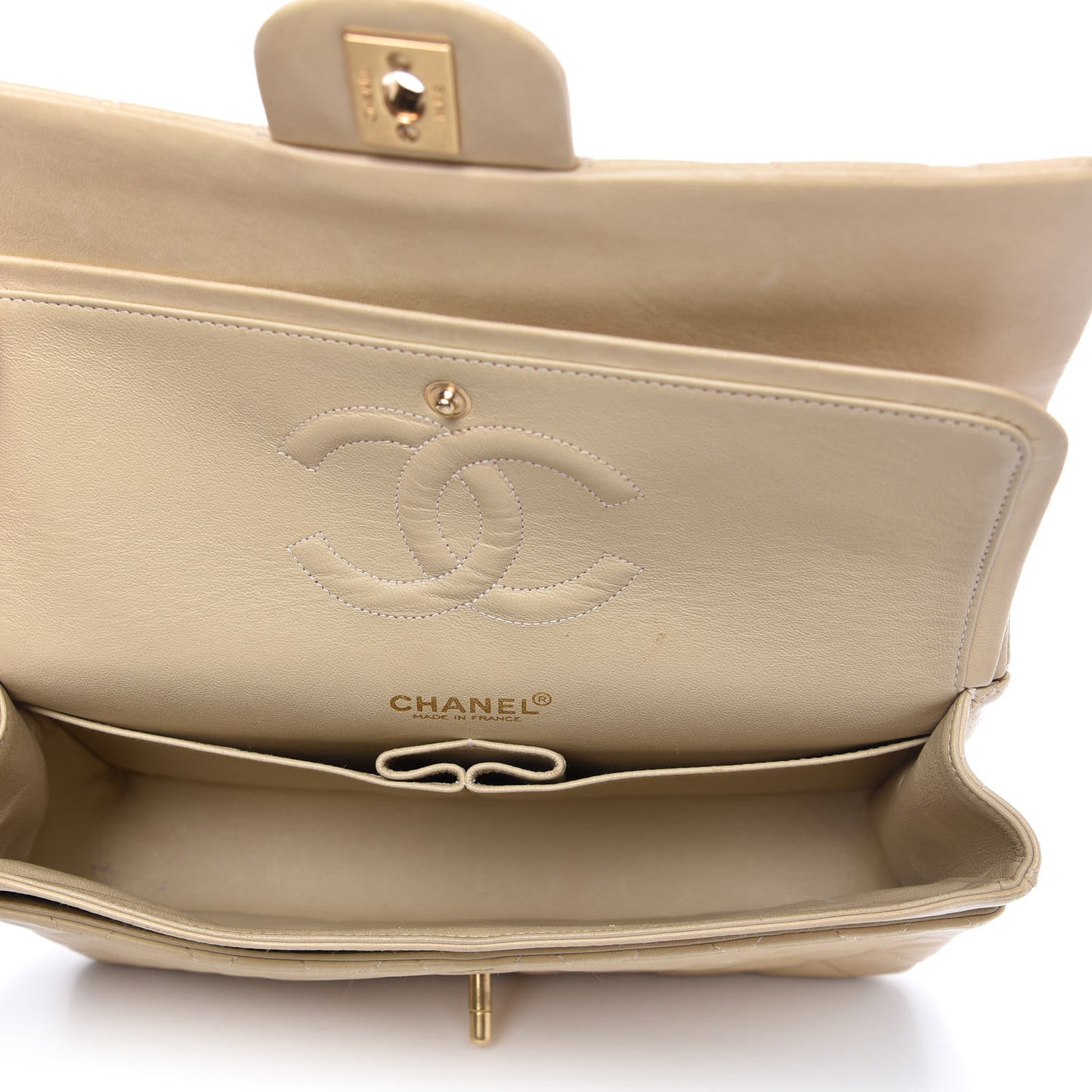 Lambskin Quilted Medium Double Flap Beige