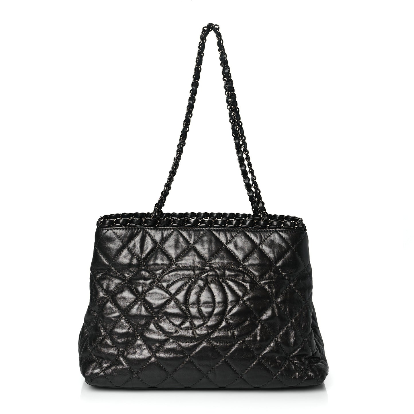 Metallic Aged Calfskin Quilted Small Chain Me Tote Dark Silver