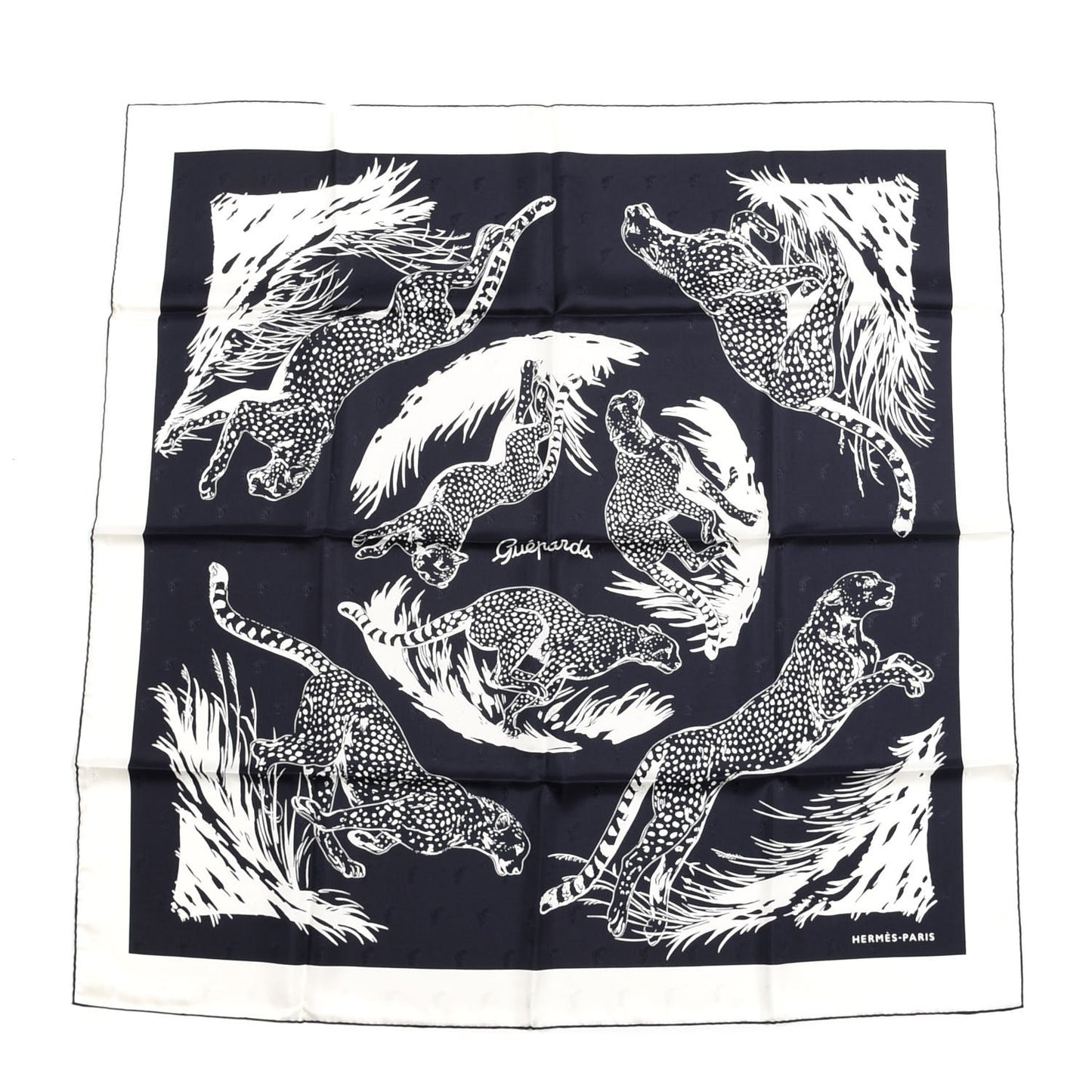 Silk Guepards Scarf 90 Bleu Black White