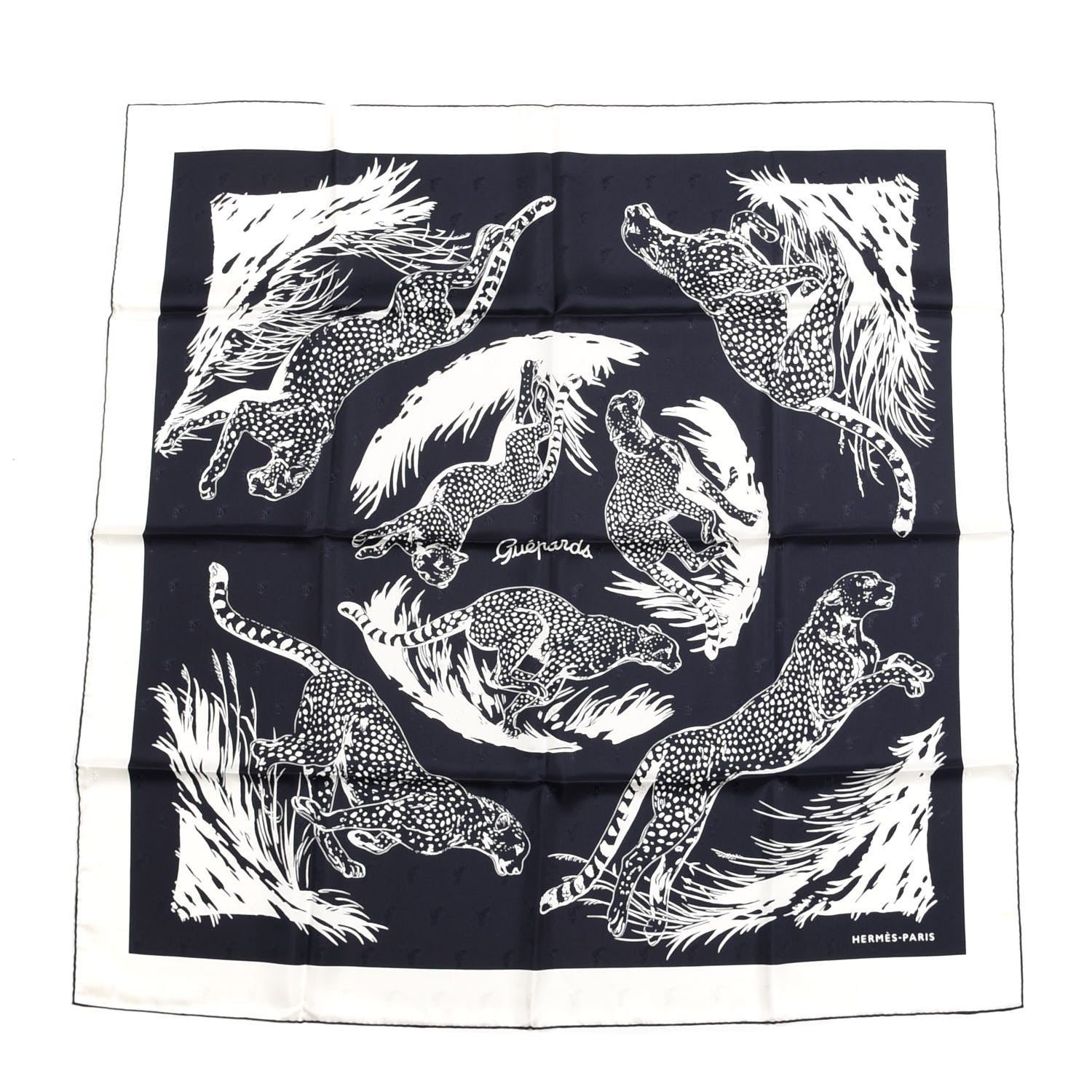 Hermes Silk Guepards Scarf 90 Bleu Black White 1 of 3