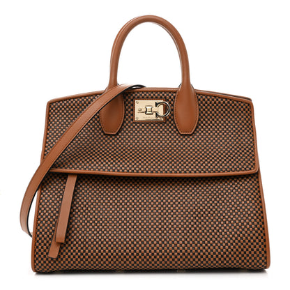 Salvatore Ferragamo Woven Calfskin Medium Studio Top Handle Bag Tan Black 1 of 10