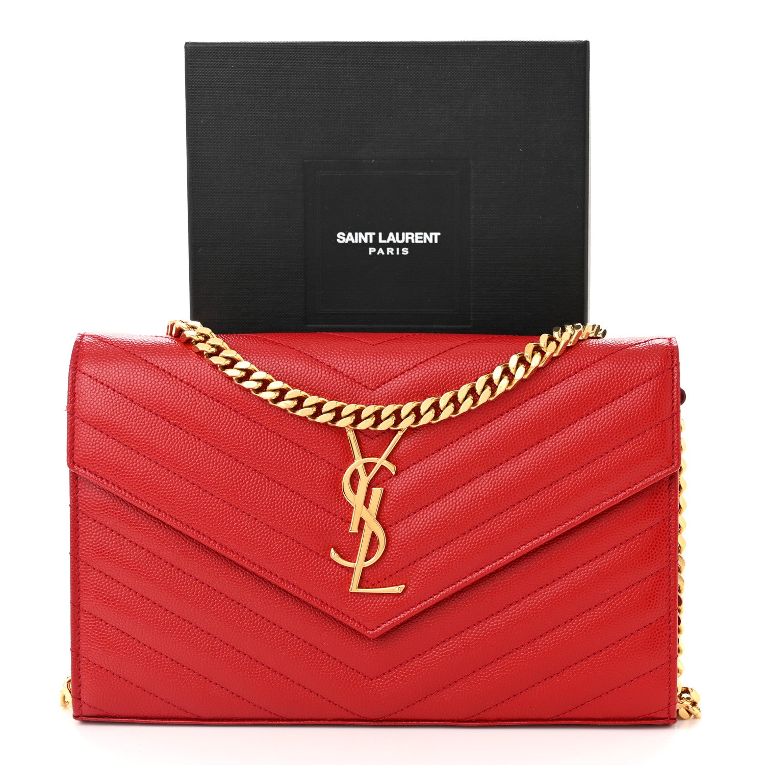 Saint Laurent Grain De Poudre Matelasse Chevron Monogram Chain Wallet Red 14 of 14