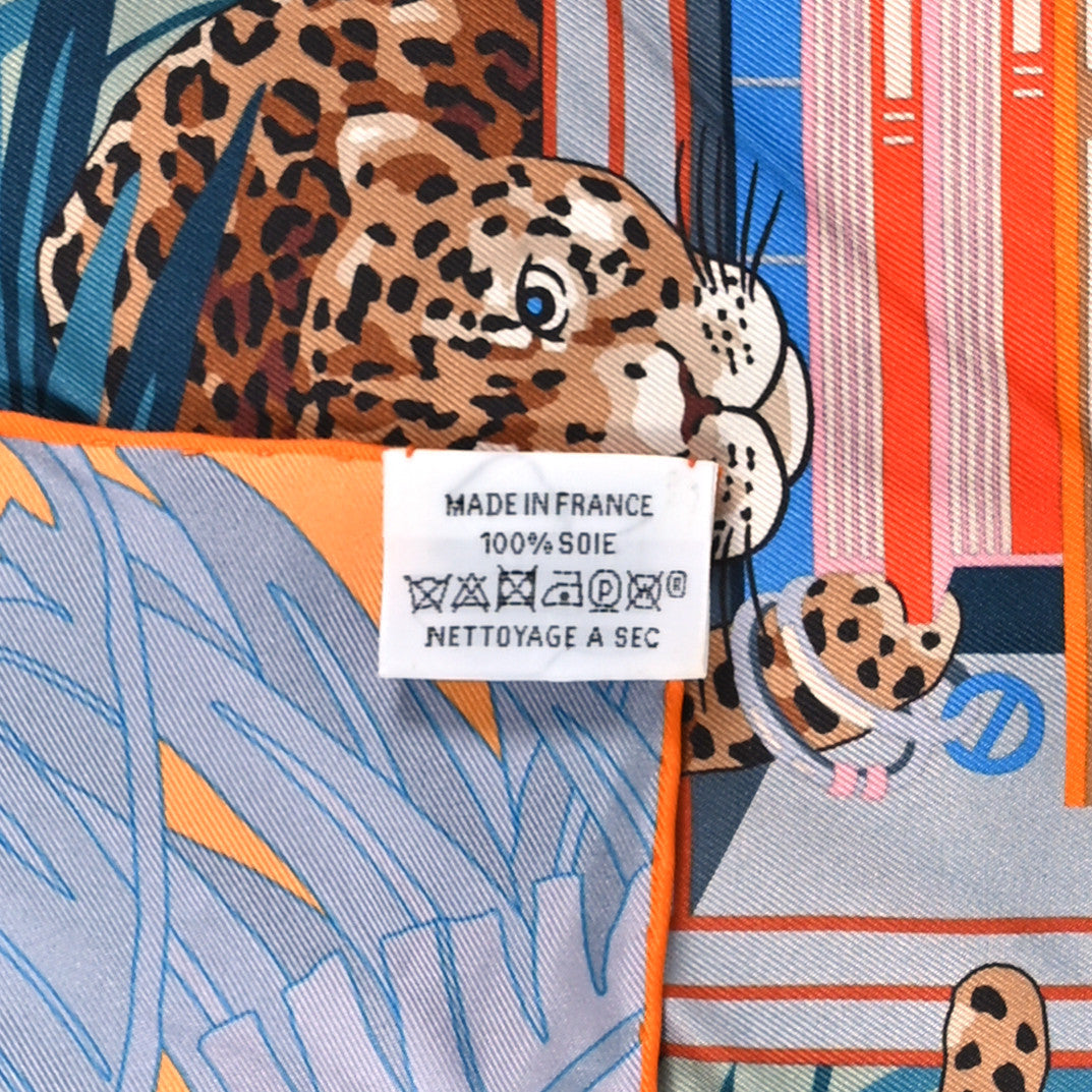 Silk Les Douze Leopards Double Face Scarf 90 Rose Poudre Ardoise Orange
