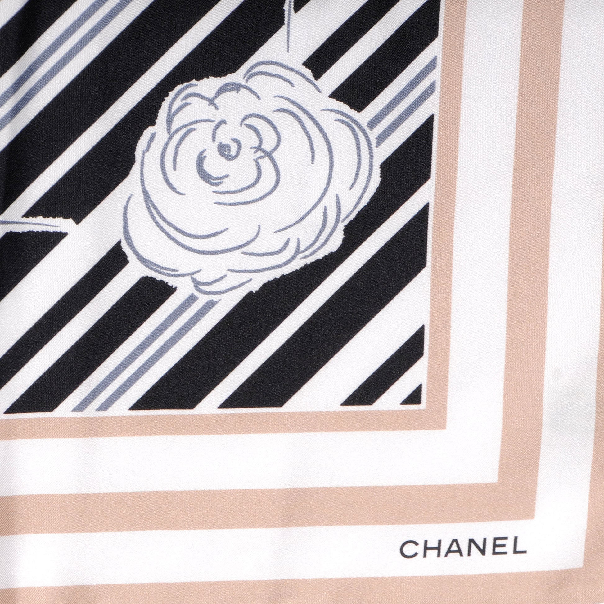 Chanel Silk Camellia Stripe CC Scarf Beige Black 3 of 5
