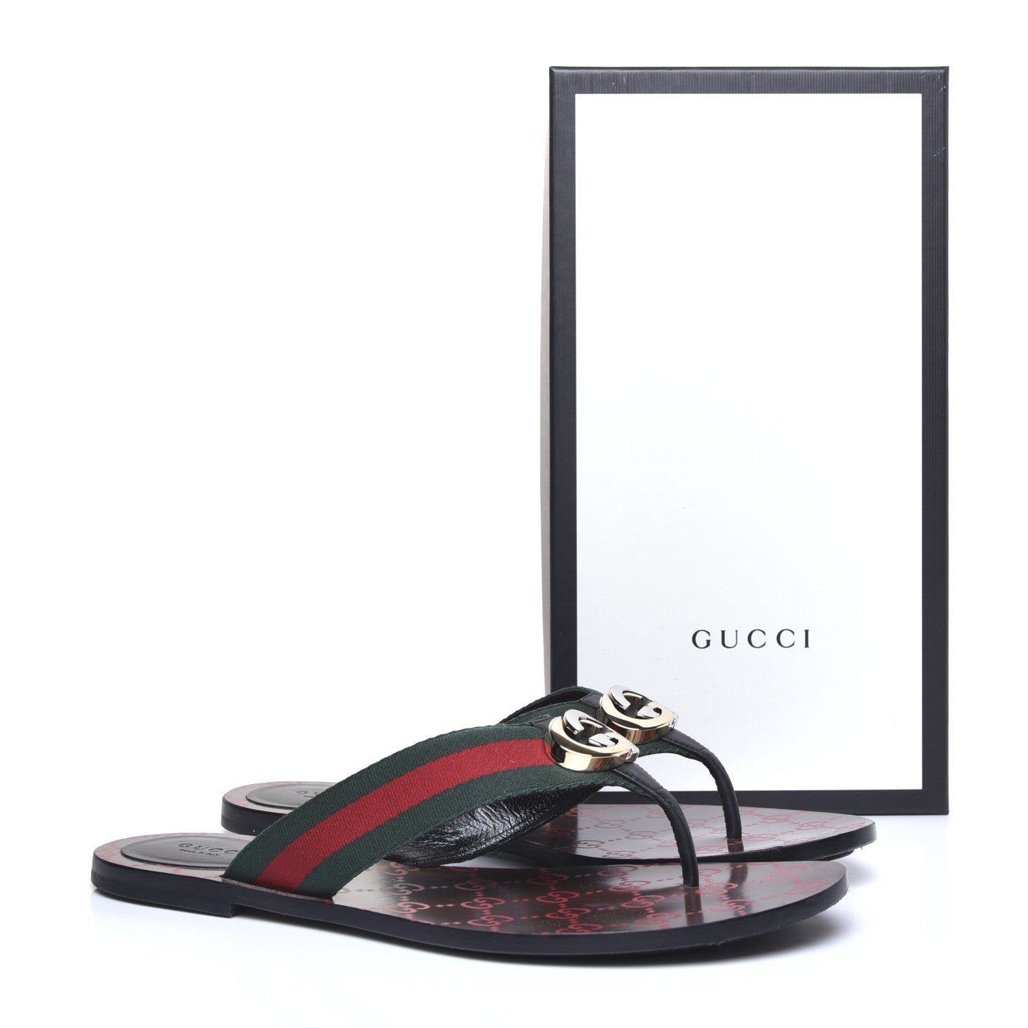 Gucci Nylon Calfskin Web GG Monogram Womens Thong Sandals 41 Green Red Cocoa 10 of 10