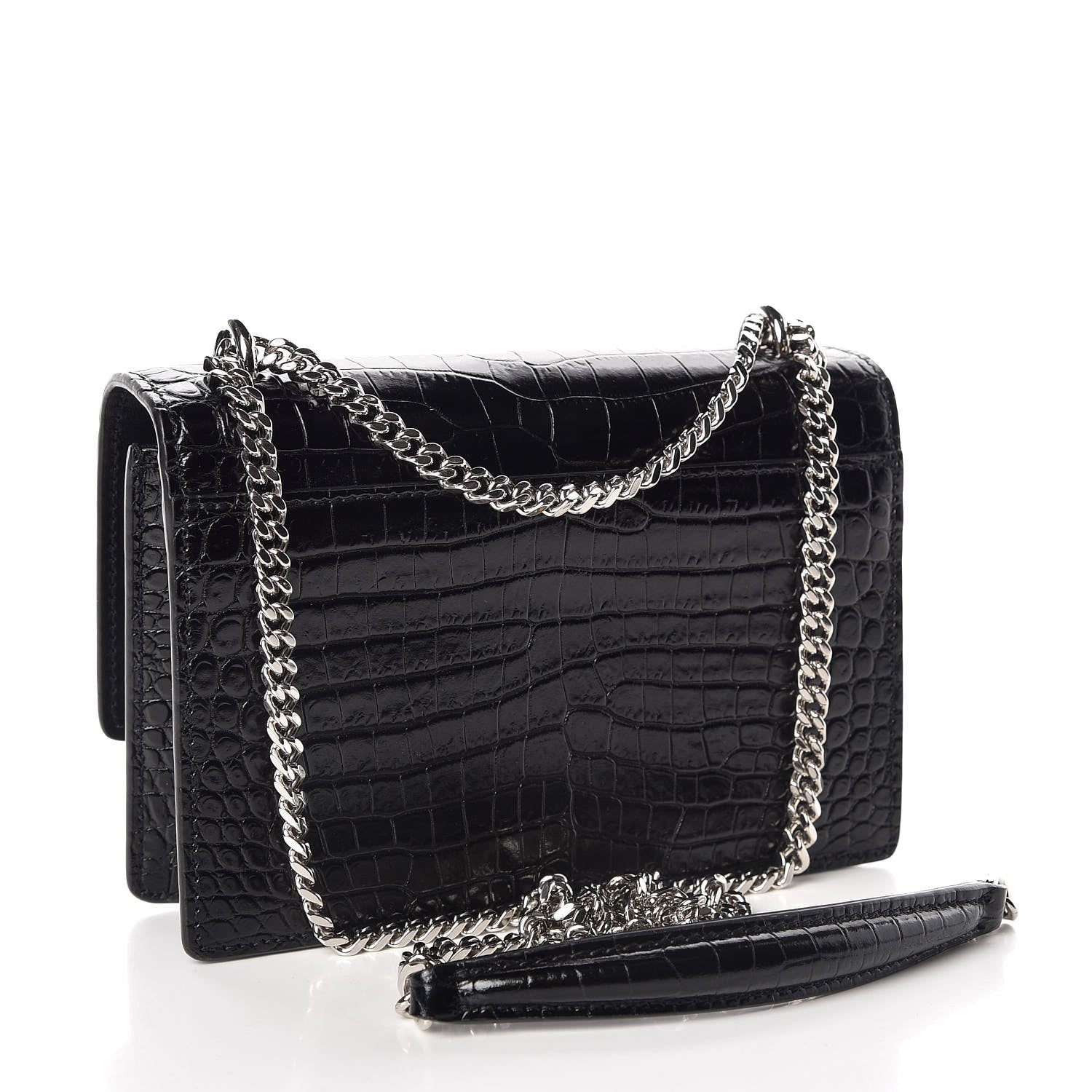 Saint Laurent Calfskin Crocodile Embossed Monogram Sunset Chain Wallet Black 3 of 9