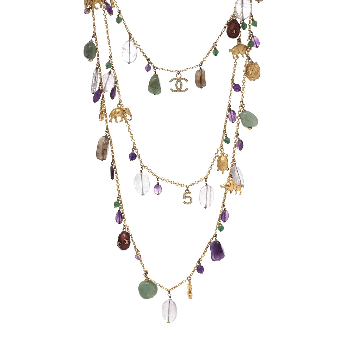 Pearl Beaded CC Multi Strand Animal Charm Necklace Gold Multicolor