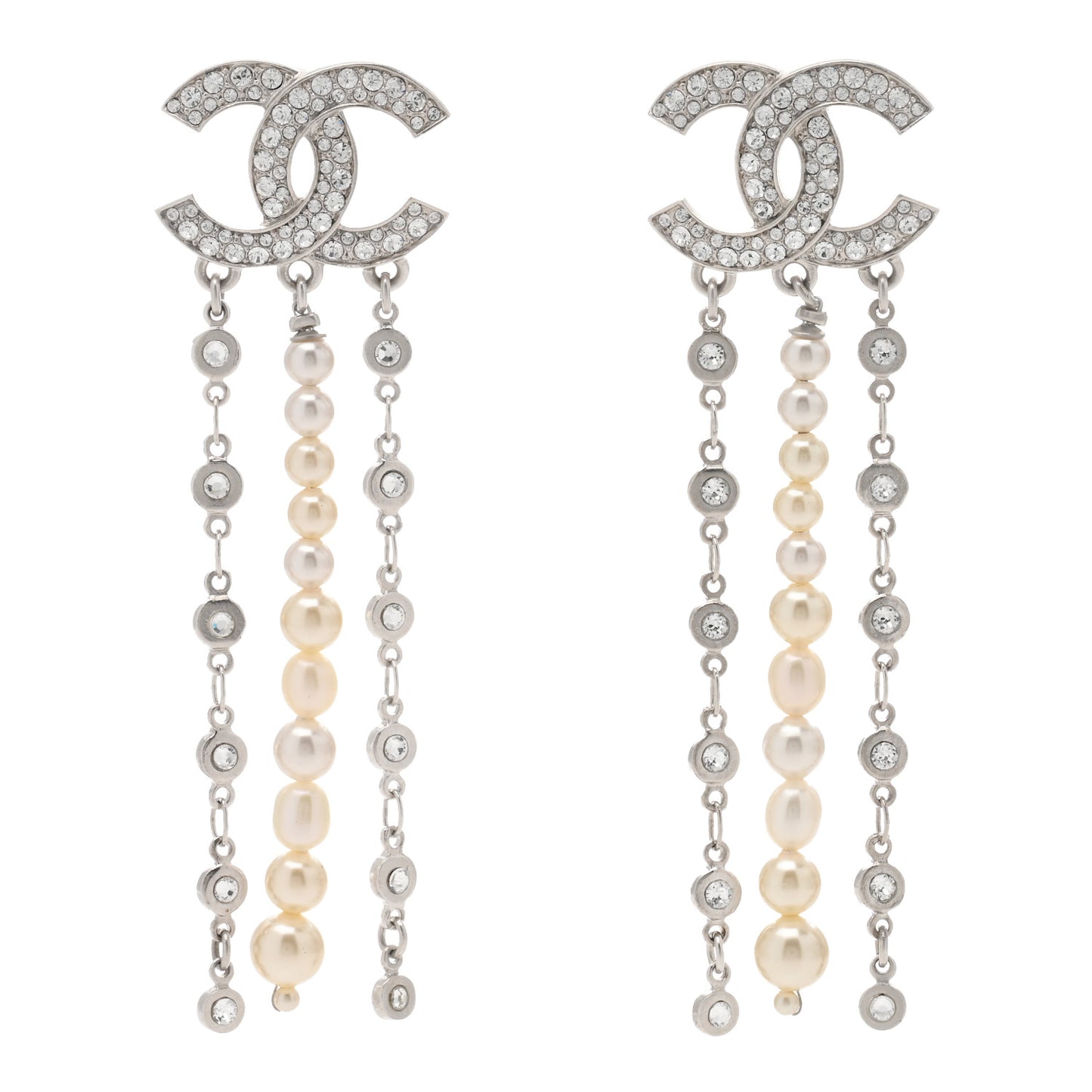 Pearl Crystal CC Chain Drop Earrings Silver