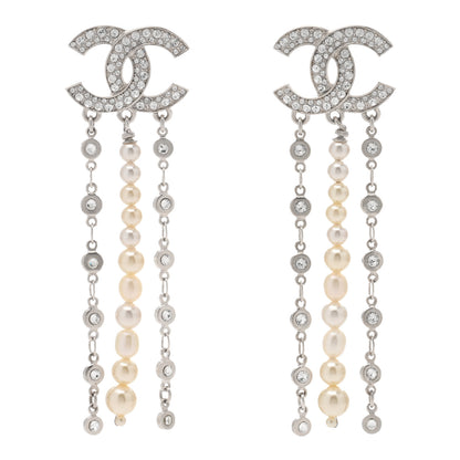 Chanel Pearl Crystal CC Chain Drop Earrings Silver 1 of 4
