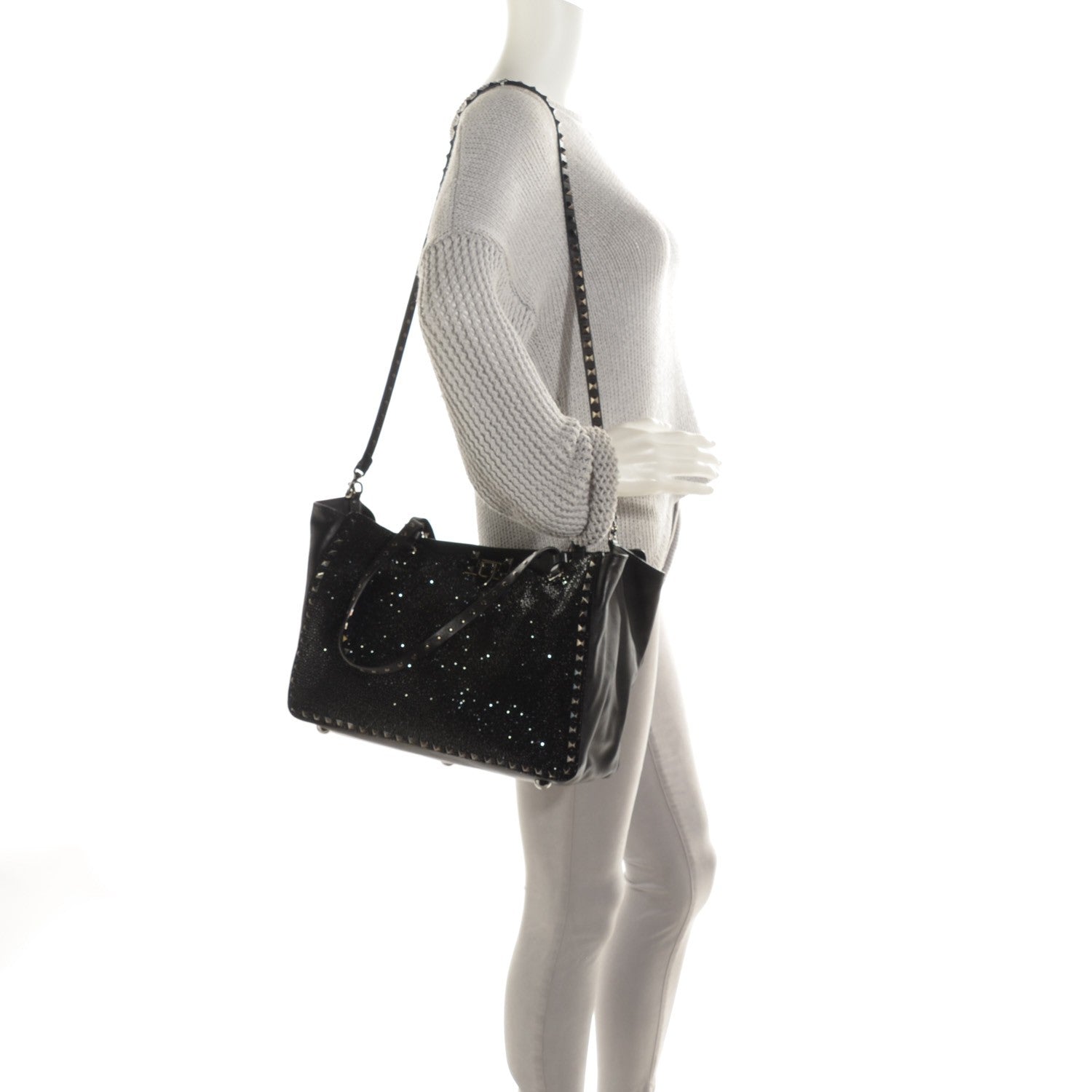 Valentino Garavani Vitello Crystal Medium Rockstud Tote Black 2 of 9
