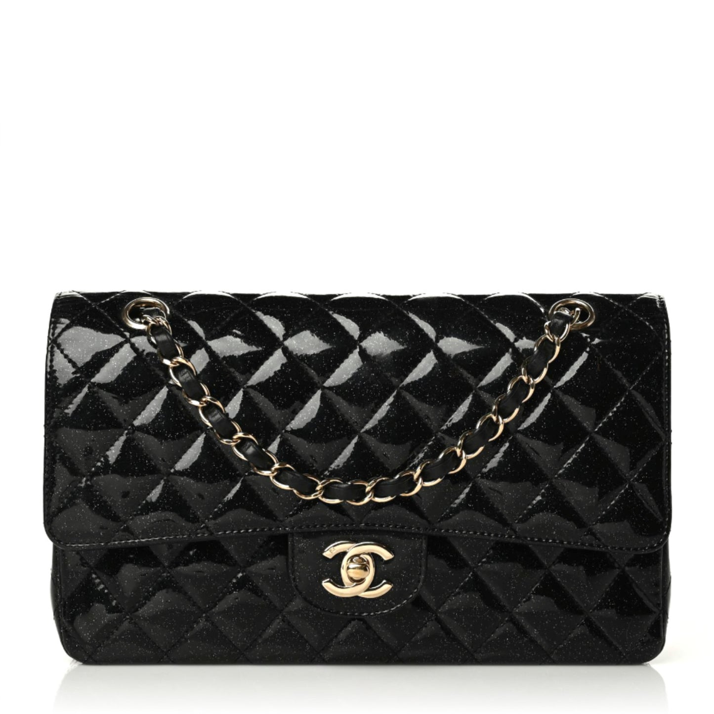 Patent Quilted Sparkle Glitter Medium Double Flap Black