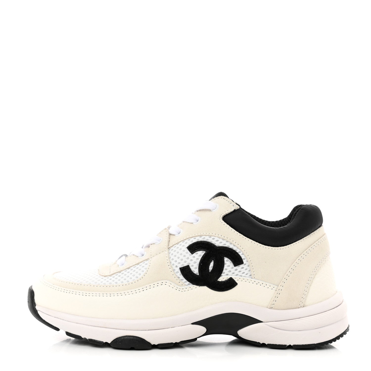 Chanel Mesh Suede Calfskin Grained Calfskin Womens CC Sneakers 37 White Black 1 of 8