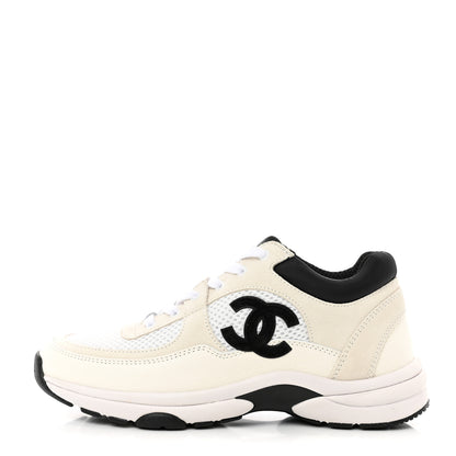 Chanel Mesh Suede Calfskin Grained Calfskin Womens CC Sneakers 37 White Black 1 of 8