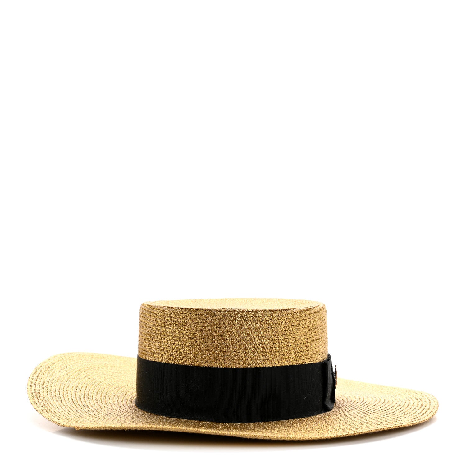 Gucci Glittered Straw Grosgrain Wide Brim Hat XS Gold Black 6 of 11