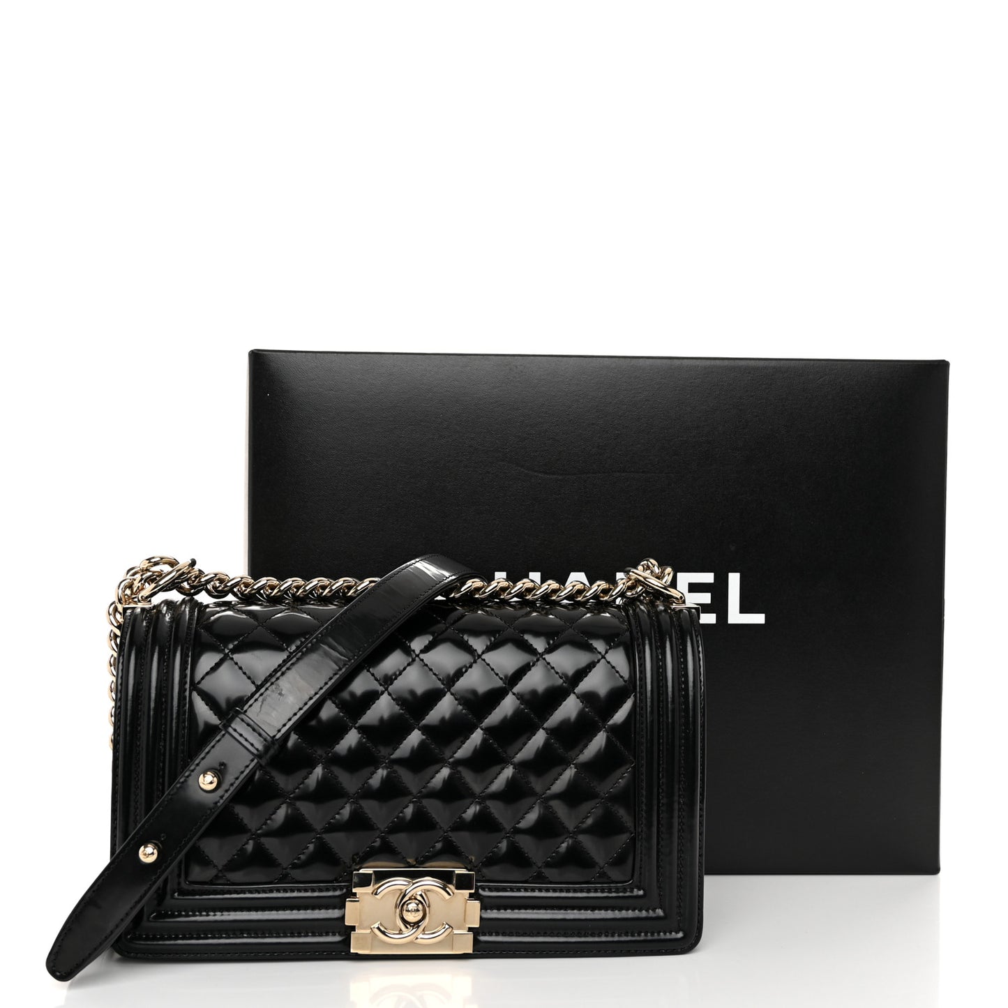 Patent Calfskin Quilted Medium Boy Flap Black