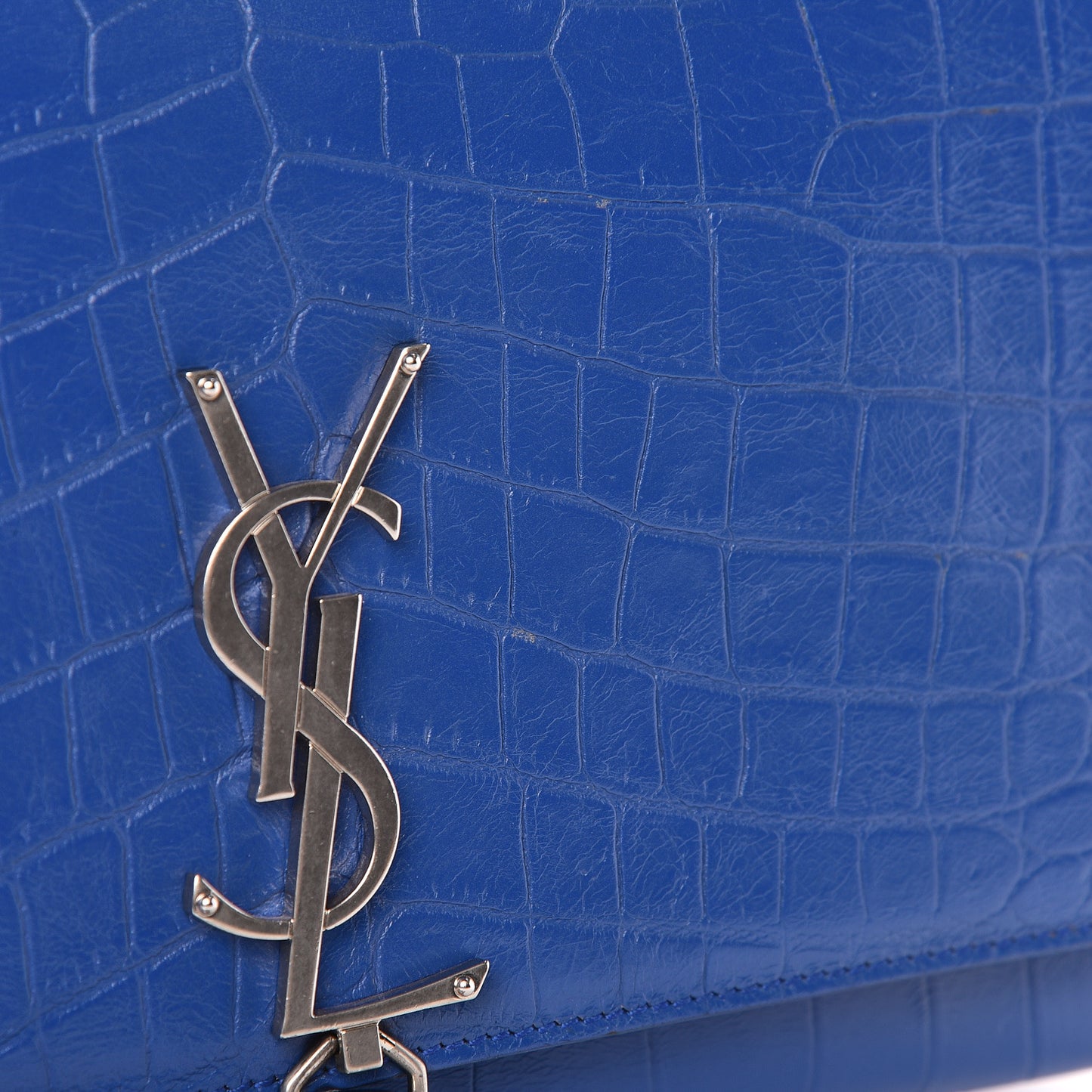 Calfskin Crocodile Embossed Medium Classic Monogram Kate Tassel Satchel Bleu Majorelle