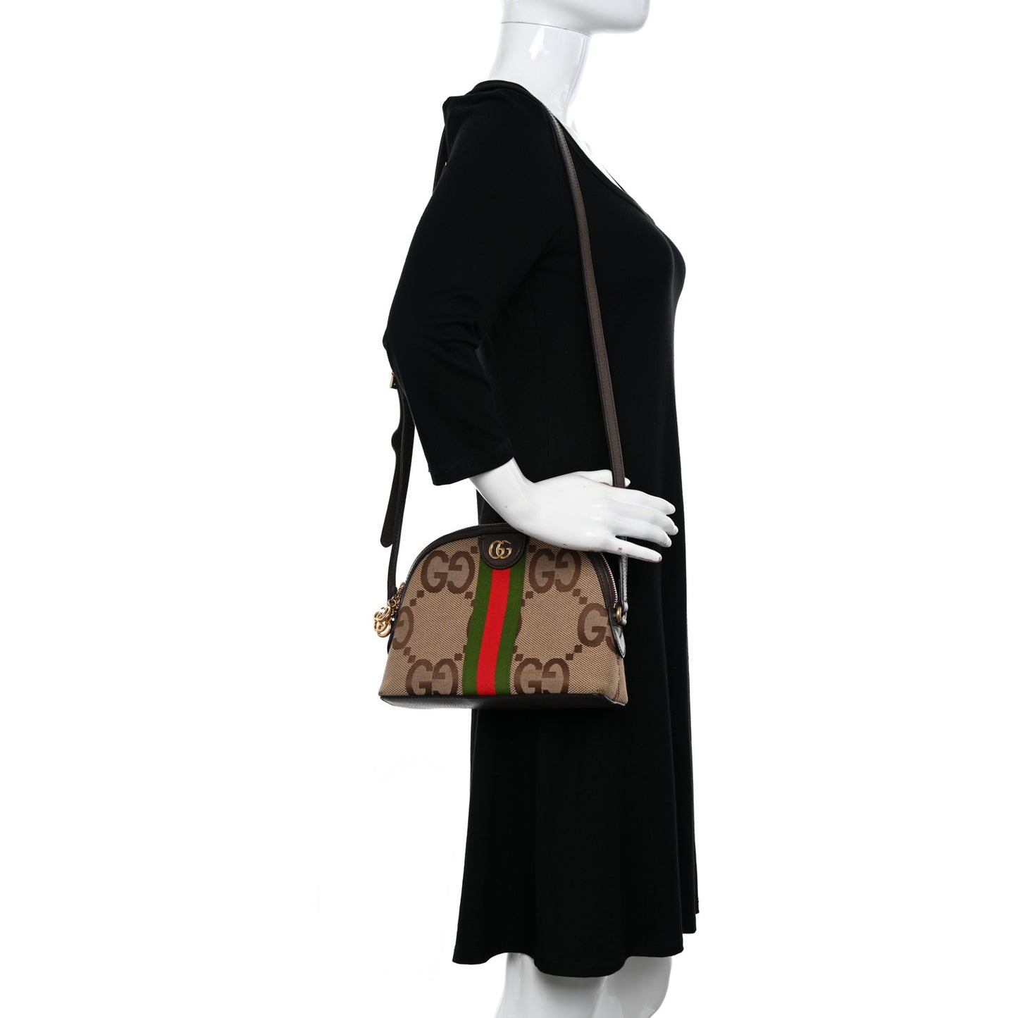 Monogram Jumbo GG Textured Dollar Calfskin Web Small Ophidia Dome Shoulder Bag Camel Ebony New Acero