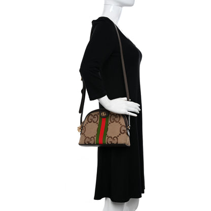 Gucci Monogram Jumbo GG Textured Dollar Calfskin Web Small Ophidia Dome Shoulder Bag Camel Ebony New Acero 2 of 12