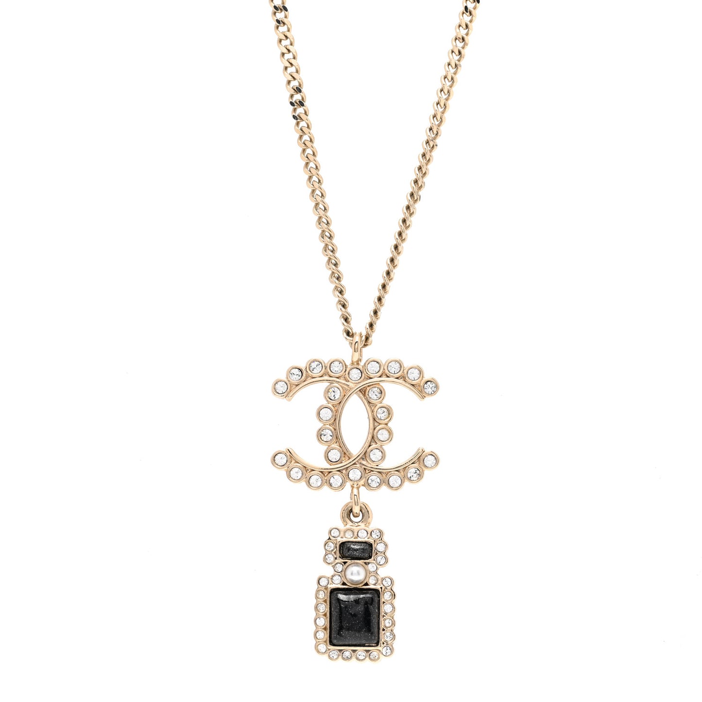 Crystal Pearl CC Perfume Bottle Necklace Black Gold