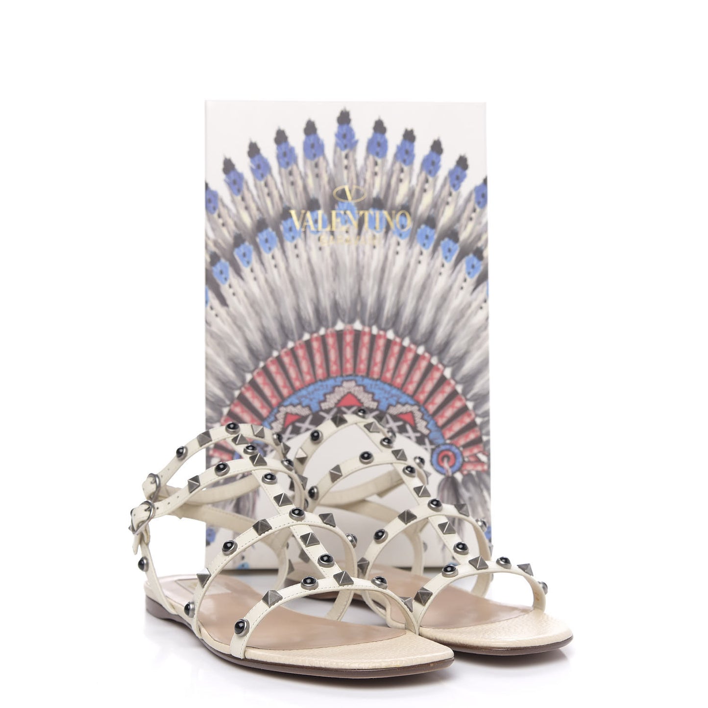 Calfskin Onyx Rockstud Rolling Gladiator Flat Sandals 39.5 Light Ivory