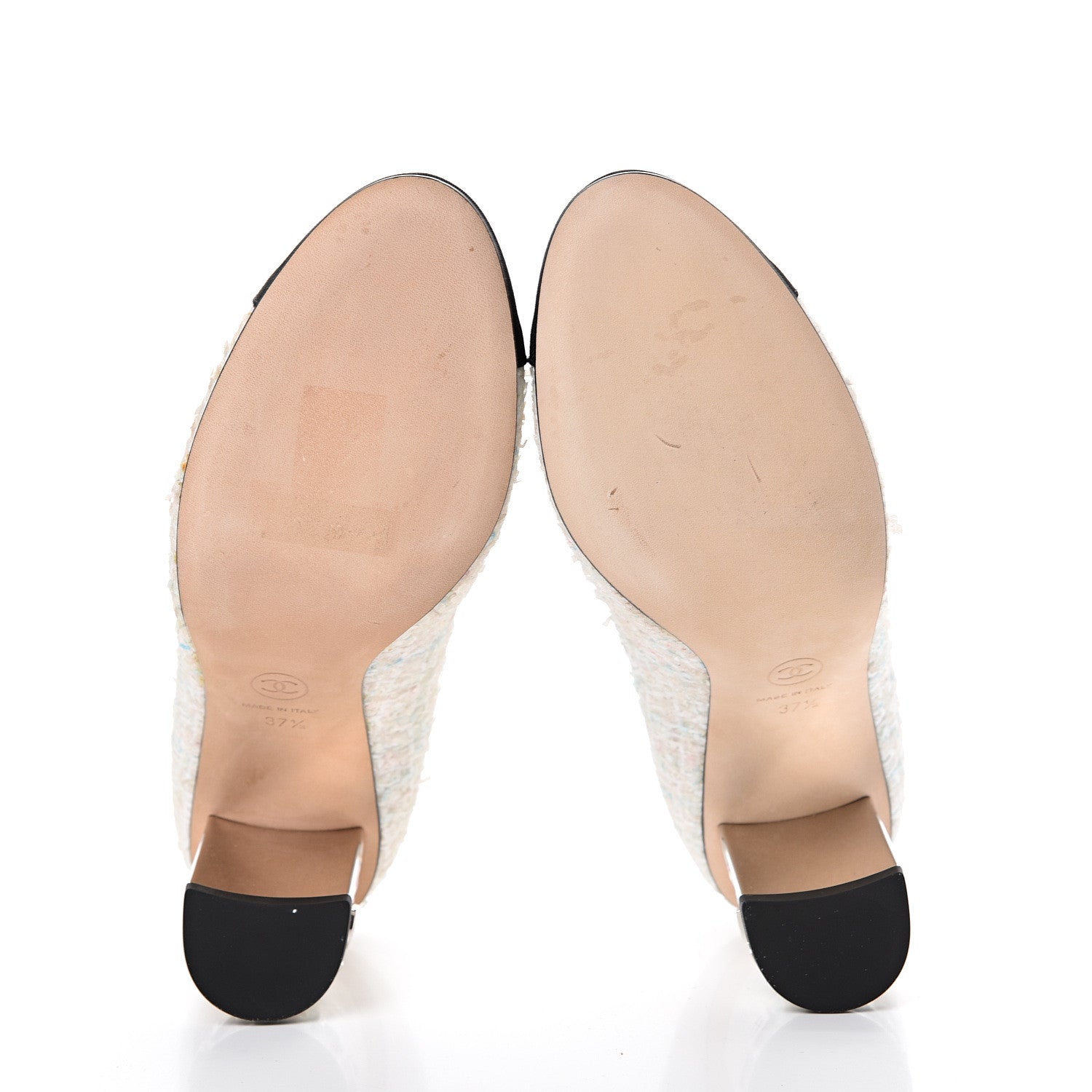 Chanel Tweed Grosgrain Cap Toe Logo Pumps 37.5 Black White Blue Pink 6 of 11