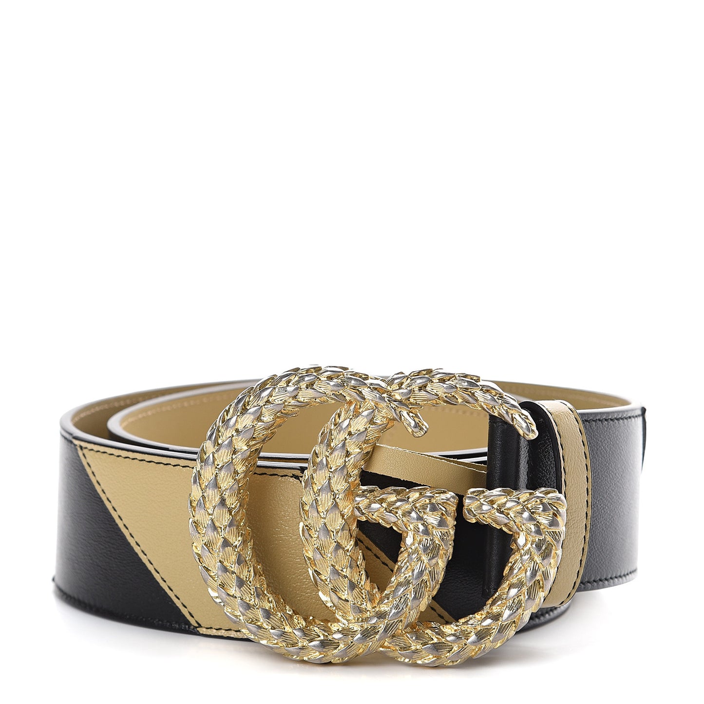Calfskin Striped Textured Double G 50mm Belt 95 38 Black Beige