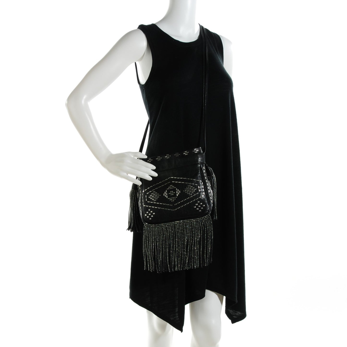 Lambskin Oxidized Nickel Studded Small Helena Fringed Bucket Bag Black