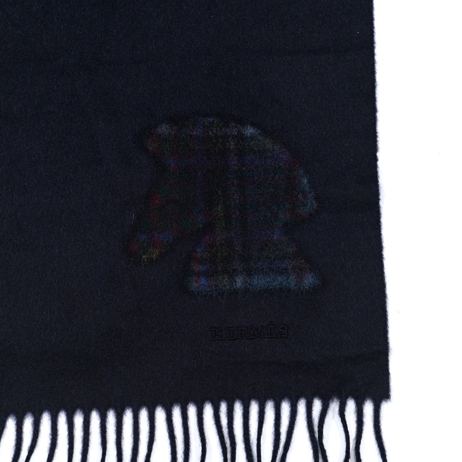 Hermes Cashmere Highlands Embroidered Patch Muffler Marine 3 of 5