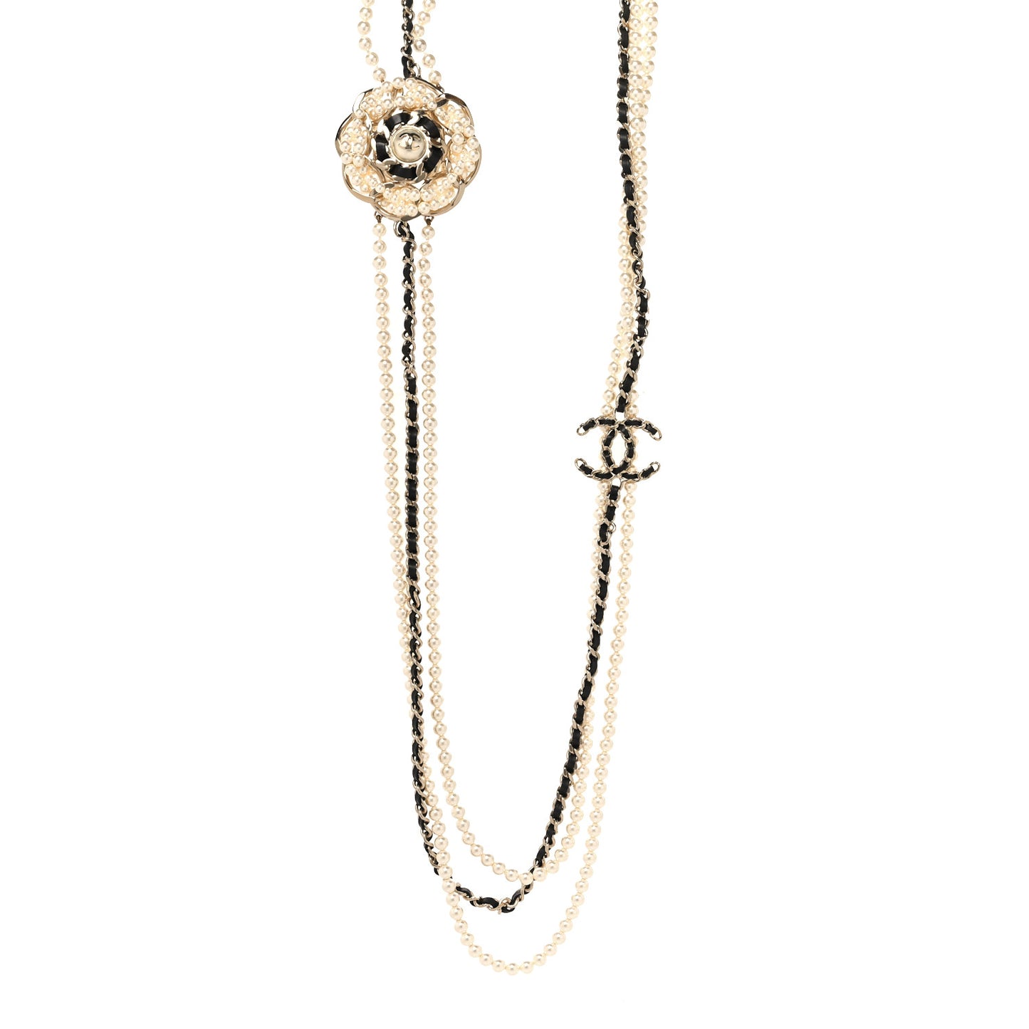 Pearl Lambskin CC Camellia Multi Strand Necklace Black Gold