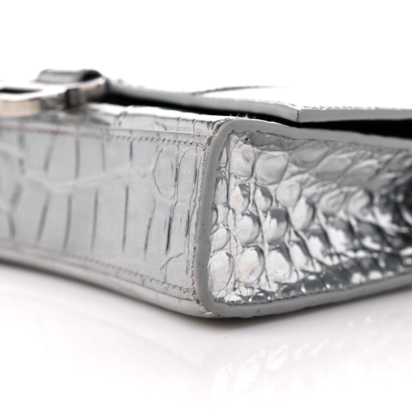 Metallic Calfskin Crocodile Embossed Hourglass Chain Bag Silver