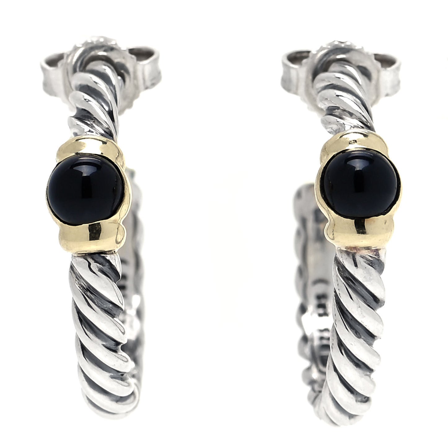 Sterling Silver 14K Yellow Gold Black Onyx Cable Classics Station Hoop Earrings